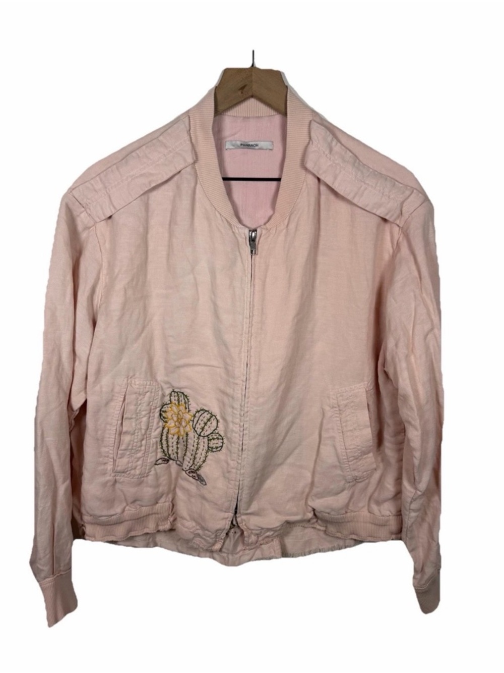 Pharaoh Linen Bomber Jacket L Pink Embroidered Cactus Cropped Boho USA Desert